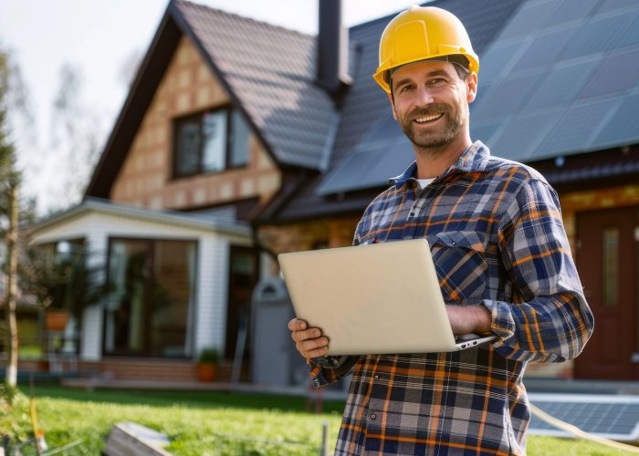 Solar energy consultant with laptop at residential installation. Engineer in safety helmet smiling at sustainable housing project. Professional assessing solar panels on suburban home.