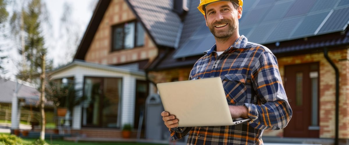 Solar energy consultant with laptop at residential installation. Engineer in safety helmet smiling at sustainable housing project. Professional assessing solar panels on suburban home.